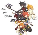  black_hair blonde_hair blue_eyes brown_hair dual_wielding english fingerless_gloves gloves holding jewelry keyblade kingdom_hearts kingdom_hearts_birth_by_sleep male_focus multiple_boys necklace roxas sora_(kingdom_hearts) spoilers supurouto vanitas ventus wristband yellow_eyes 