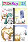  4koma blonde_hair blue_eyes bottle catstudioinc_(punepuni) comic detached_sleeves flag glass green_eyes green_hair hair_ribbon hatsune_miku highres kagamine_rin multiple_girls necktie open_mouth ribbon shirt skirt table thai translated twintails vocaloid 