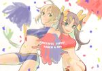  artoria_pendragon_(all) blonde_hair blue_eyes brown_hair character_name cheerleader confetti fate/stay_night fate_(series) green_eyes hair_ribbon long_hair midriff multiple_girls pom_poms ribbon saber shorts strapless toosaka_rin tubetop twintails yukiko_(haikara) 