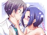  1girl ahoge bare_shoulders black_hair blue_hair blush couple eye_contact glasses hands_on_another's_cheeks hands_on_another's_face hetero idolmaster idolmaster_(classic) looking_at_another miura_azusa natsu_(anta_tte_hitoha) necktie producer_(idolmaster_anime) purple_eyes short_hair smile translated 
