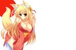  animal_ears blonde_hair blush breasts cleavage erect_nipples foxgirl japanese_clothes kimono original ribbons tail yellow_eyes 