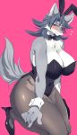  1girl aky_sg6 animal_ears bunnygirl_suit dog fake_animal_ears furry grey_hair high_heels long_hair purple_eyes smile solo 