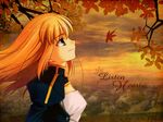  ahoge blonde branches clouds dress fate/stay_night green_eyes hair_down leaves looking_afar saber sunset takeuchi_takashi type-moon wallpaper 