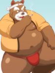  2015 anthro belly blue_background brown_fur clothing fundoshi fur humanoid_hands japanese_clothing lako male mammal moobs nipples overweight overweight_male robe simple_background smoking solo underwear ursid 