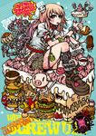  blue_eyes boned_meat boots cake doughnut food fork french_fries hamburger highres jewelry knee_boots lock meat mouth_hold original padlock pig pink_hair project.c.k. skull solo tattoo 