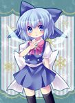  bad_id bad_pixiv_id black_legwear blue_eyes blue_hair blush bow brooch cirno embellished_costume hair_bow hand_on_own_chest jewelry minato0618 open_mouth shirt short_hair skirt skirt_set solo thighhighs touhou vest wings zettai_ryouiki 