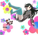  black_hair blue_legwear long_hair machinosuke sasa_kazamori shirt shorts solo striped striped_shirt stuffed_animal stuffed_toy teddy_bear thighhighs un-go very_long_hair yellow_eyes 