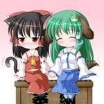  :&lt; ^_^ animal_ears ascot black_hair blush bow box cat_ears cat_tail closed_eyes detached_sleeves dog_ears dog_tail donation_box frog_hair_ornament hair_bow hair_ornament hair_tubes hakurei_reimu holding_hands kemonomimi_mode kochiya_sanae long_hair multiple_girls navel red_eyes riku_(rikkuru) smile snake_hair_ornament tail touhou yuri 