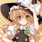  33paradox argyle argyle_background bad_id bad_pixiv_id blonde_hair bow braid colorized frills gotou_nao grin hand_on_hip hat highres kirisame_marisa long_hair ribbon single_braid smile solo touhou witch_hat yellow_background yellow_eyes 