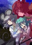  animal_ears brown_eyes brown_hair capelet dowsing_rod dress futatsuiwa_mamizou glasses green_eyes green_hair grey_hair highres jewelry kasodani_kyouko leaf leaf_on_head mouse_ears mouse_tail multiple_girls nazrin open_mouth pendant pince-nez raccoon_ears raccoon_tail red_eyes shope short_hair smile tail touhou 