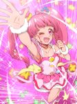  1girl ;d ahoge armpits back_bow bow choker collarbone cure_star dress earrings hoop_earrings hoshina_hikaru jewelry long_hair looking_at_viewer magical_girl one_eye_closed open_mouth outstretched_hand pink pink_background pink_dress pink_eyes pink_hair pink_legwear pink_neckwear planet_hair_ornament precure single_thighhigh smile solo standing standing_on_one_leg star star_choker star_twinkle_precure thighhighs tj-type1 twintails wrist_cuffs yellow_bow 