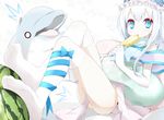  bad_id bad_pixiv_id blue_eyes blush bow dolphin elbow_gloves feet floral_print food fruit gloves hat ice_cream innertube leg_ribbon long_hair lying no_shoes o_o oouso original panties pantyshot pantyshot_(lying) pillow popsicle ribbon silver_hair solo surprised sweat thighhighs underwear watermelon white_gloves white_hair white_legwear white_panties 