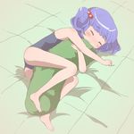  ^_^ bad_id bad_pixiv_id barefoot blue_hair blue_swimsuit blush closed_eyes cucumber dakimakura_(object) hair_bobbles hair_ornament hozumiare kawashiro_nitori lying on_side one-piece_swimsuit pillow pillow_hug smile solo swimsuit touhou two_side_up 