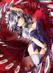  alternate_costume arm_up braid breasts bustier buttons cleavage collar gloves hair_ribbon highres izayoi_sakuya knife leotard maid_headdress medium_breasts memento_vivi puffy_sleeves red_background red_eyes ribbon short_hair silver_hair smile solo thighhighs too_many too_many_knives touhou twin_braids white_gloves white_legwear 