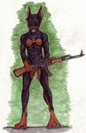  ak-47 ak_47 amesherla anthro assault_rifle breasts canine doberman dog dog_tags female gun looking_at_viewer mammal muscles muscular_female necklace nipples nude ranged_weapon rifle solo tongue tongue_out weapon 