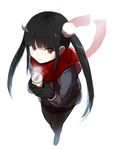  bad_id bad_pixiv_id black_hair black_legwear boots brown_eyes coffee eri_(resia) from_above highres long_hair looking_at_viewer original pantyhose red_scarf scarf simple_background smile solo steam sweater twintails 