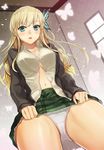  bad_id bad_pixiv_id bad_proportions blonde_hair boku_wa_tomodachi_ga_sukunai breasts bug butterfly butterfly_hair_ornament cardigan cleavage dress_shirt from_below green_eyes hair_ornament hareno_chiame insect kashiwazaki_sena large_breasts legs long_hair navel open_clothes open_shirt panties plaid plaid_skirt school_uniform shirt skirt skirt_lift solo st._chronica_academy_uniform unbuttoned underwear white_panties 