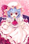  ascot bat_wings blue_hair blush fangs frills gathers hands_on_hips hat highres irori open_mouth puffy_sleeves red_eyes remilia_scarlet ribbon short_hair skirt solo sparkle touhou wings wrist_cuffs 