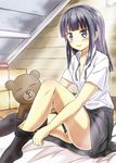  box daisy_(working!!) dressing futon fuujin_uchiwa long_hair looking_away purple_eyes purple_hair short_sleeves sitting skirt smile solo stuffed_animal stuffed_toy teddy_bear thighhighs tsurime upskirt waitress wooden_floor working!! yamada_aoi 