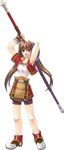  arms_up bare_legs brown_hair cropped_jacket eiyuu_densetsu estelle_bright full_body long_hair official_art rod shirt shoes shorts skirt solo sora_no_kiseki twintails white_background 