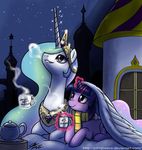  building cup duo equine female feral friendship_is_magic horn john_joseco mammal my_little_pony night night_sky princess_celestia_(mlp) sky stars teapot tiara twilight_sparkle_(mlp) unicorn winged_unicorn wings 