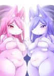 2girls fox furry long_hair multiple_breasts multiple_girls purple_eyes purple_hair red_eyes red_hair siblings twins ukan_muri 
