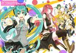  5girls :d belt boots closed_eyes cross-laced_footwear crossed_legs detached_sleeves goggles goggles_on_head green_hair gumi hatsune_miku headphones kagamine_len kagamine_rin kaito kamui_gakupo lace-up_boots leg_warmers long_hair megurine_luka meiko midriff multiple_boys multiple_girls navel necktie nozo_(hibi_tsurezure) open_mouth outstretched_arms scarf sitting skirt smile thighhighs twintails very_long_hair vocaloid wrist_cuffs 