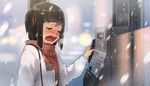  amami_haruka bad_id bad_pixiv_id bag black_hair blush closed_eyes cold corded_phone ddal hair_ornament hairclip handbag idolmaster idolmaster_(classic) long_sleeves open_mouth payphone phone phone_booth sad scarf short_hair side_ponytail snowing solo striped striped_scarf sweater tears wavy_mouth winter winter_clothes 