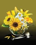  bad_pixiv_id bowl daffodil flower lily_(flower) no_humans original park_soyoung still_life sunflower tongs yellow yellow_background 