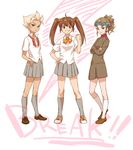  3girls dreadlocks full_body genderswap hairlocs inazuma_eleven inazuma_eleven_(series) kidou_yuuto multiple_girls school_uniform short_hair smile 