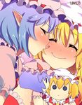  ascot blonde_hair blue_hair blush button_eyes buttons character_doll cheek_kiss close-up closed_eyes fang flandre_scarlet hat hat_ribbon heart kiss multiple_girls okachi pointy_ears remilia_scarlet ribbon short_hair siblings side_ponytail sisters smile touhou upper_body wrist_cuffs 