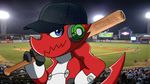  baseball baseball_bat baseball_cap blue_eyes digimon hat kairoxz male photo_background red red_body shoutmon solo 