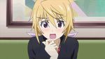  1girl animated_gif blonde blush charlotte_dunois infinite_stratos long_hair necklace open_mouth pink_ribbon purple_eyes solo 
