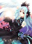  angel_wings aqua_hair ashi bare_shoulders black_dress black_gloves blue_hair cupping_hands dress elbow_gloves gloves hands headphones long_hair original red_eyes sleeveless sleeveless_dress smile solo very_long_hair white_wings wings 