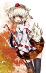  animal_ears bad_id bad_pixiv_id broom brown_eyes detached_sleeves hat highres inubashiri_momiji karube leaf open_mouth short_hair skirt smile solo tail thighhighs tokin_hat touhou white_hair wolf_ears wolf_tail 
