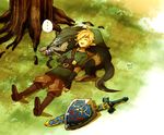 1boy belt blonde_hair closed_eyes dual_persona earrings gloves hat hosuke jewelry link link_(wolf) lying male_focus pointy_ears shield smile sword the_legend_of_zelda the_legend_of_zelda:_twilight_princess time_paradox weapon wolf 