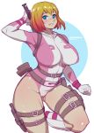  1girl blonde_hair blue_eyes bokuman breasts eyebrows gwen_poole gwenpool large_breasts leotard looking_at_viewer marvel multicolored_hair parted_lips short_hair simple_background smile solo superhero sword weapon 