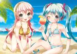  :d all_fours aqua_hair beach bikini blue_eyes blush cloud cup day drink drinking_glass hatsune_miku headset highres long_hair megurine_luka multiple_girls ocean one_eye_closed open_mouth outdoors red_hair sitting sky smile striped striped_bikini striped_swimsuit swimsuit tottsuan tropical_drink twintails very_long_hair vocaloid wine_glass 