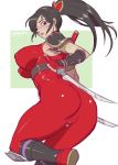  1girl ass black_hair bodysuit bokuman breasts erect_nipples eyebrows fingerless_gloves gloves large_breasts long_hair looking_at_viewer looking_back ninja open_mouth ponytail red_bodysuit red_eyes simple_background smile solo soul_calibur sword taki_(soulcalibur) tied_hair weapon 
