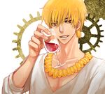  alcohol bad_id bad_pixiv_id bracelet casual cup drawr drinking_glass fate/zero fate_(series) gears gilgamesh jewelry kanapy male_focus necklace red_eyes sitting solo wine wine_glass 