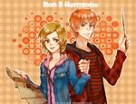  1girl bad_id bad_pixiv_id blue_jacket brown_eyes brown_hair casual freckles green_eyes harry_potter hermione_granger hood hoodie jacket kanapy map red_hair red_jacket ron_weasley striped wand 