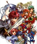  5girls adol_christin ancient_ys_vanished brandish chris_(eiyuu_densetsu) company_connection creature crossover dela_delon eiyuu_densetsu falcom feena_(ys) gaw_(popful_mail) jurio_(eiyuu_densetsu) mail_(popful_mail) multiple_boys multiple_girls pipiro_(zwei!!) pockle_(zwei!!) popful_mail shiroki_majo tatto_(popful_mail) white_background ys zwei!! 