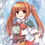  belt blue_background brown_eyes brown_hair cropped_jacket eiyuu_densetsu estelle_bright hair_intakes long_hair patoto smile solo sora_no_kiseki twintails 