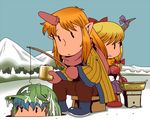  alternate_costume coat fishing fishing_rod flask hat hip_flask holding holding_fishing_rod hoshiguma_yuugi ibuki_suika kawashiro_nitori mittens multiple_girls onikobe_rin touhou winter 