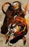  animal_ears black_sclera brown_sclera claws cowl dark_sclera dark_skin elf fire highres jacket long_hair magic male male_focus orange_eyes original pointy_ears shoes silver_eyes tiger tongue white_hair 