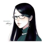  1girl black_hair commentary commission earrings english_commentary glasses hoop_earrings jewelry long_hair looking_at_viewer necklace original pearl_necklace portrait ribbed_sweater simple_background solo sweater takenaka white_background 