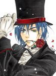  blue_hair flower gloves green_eyes hat kaito male_focus mouth_hold petals rose solo top_hat traditional_media tuxedo vocaloid white_gloves yuki_hazumi 