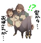  1boy 1girl ai-zawa bad_id bad_pixiv_id brown_eyes brown_hair carrying dual_persona facial_hair fangs genderswap genderswap_(mtf) kaburagi_t_kotetsu necktie pantyhose pencil_skirt perspective princess_carry short_hair skirt stubble surprised tiger_&amp;_bunny vest waistcoat 