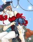  1girl :d bare_shoulders blue_hair brown_hair carrying detached_sleeves feathers hat headband kaito meiko open_mouth pirate pirate_hat short_hair smile tattoo traditional_media vocaloid yuki_hazumi 