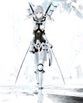  alternate_costume bitter_sweet_(bs6968) breasts dual_wielding elbow_gloves gloves grey_eyes highres holding kaine_(nier) medium_breasts nier nier_(series) panties ribbon short_hair silver_hair slender_waist solo standing sword thighhighs underwear weapon white_hair white_panties 